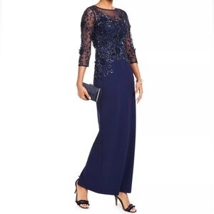 ADRIANNA PAPELL Embellished Illusion Yoke 3/4 Sleeve Maxi Formal Gown- Reemoly